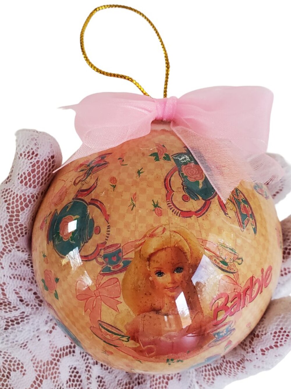 MATTEL 1996 Barbie Hanging Christmas Tree Ornament Coffee Time Floral 3" Matrix